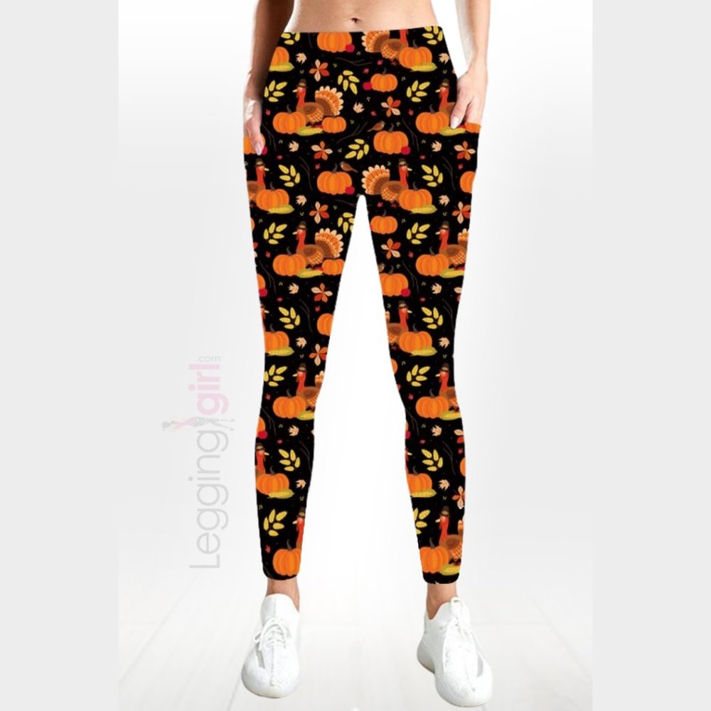 Autumn Splendor - Two Pockets - Fall / Thanksgiving Wide Band Leggings One Size